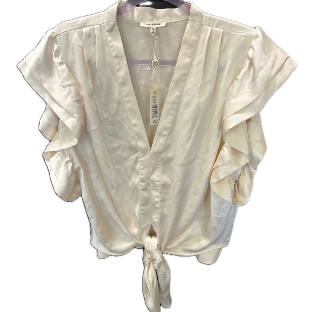 Max Studio Silky Cream Ruffled Flutter Sleeve Front Tie Knot  Blouse NWT